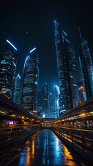 Fototapeta premium a futuristic cityscape at night, with skyscrapers illuminated by neon lights and reflective glass surfaces.