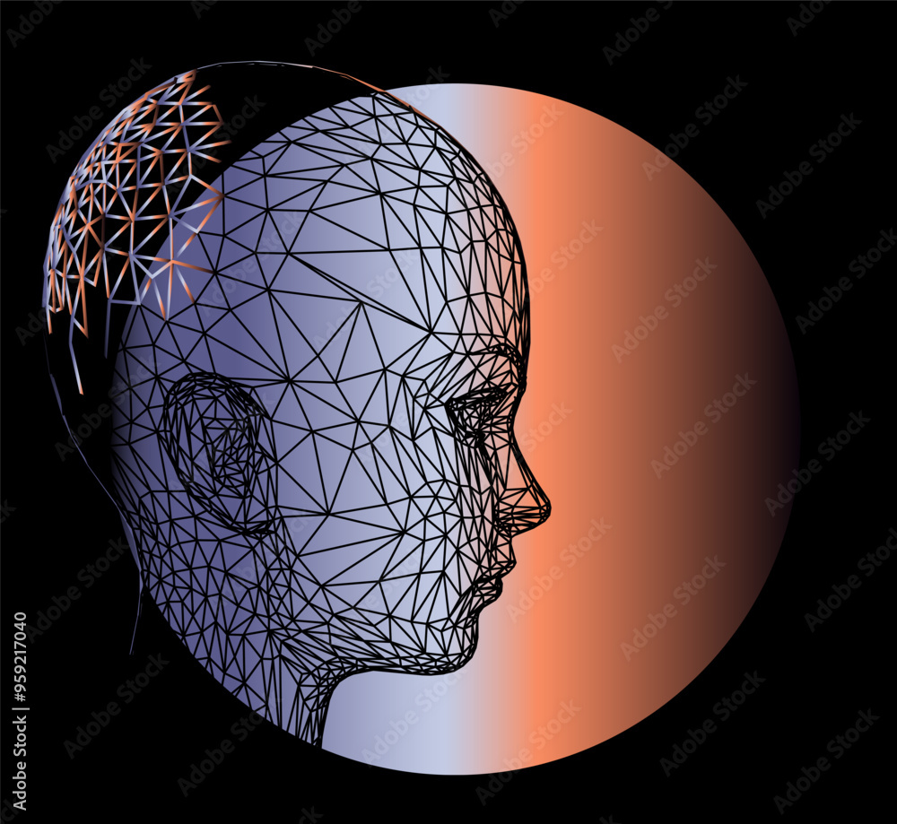 Aufkleber Conceptual technological illustration of 3d head made of mesh on background of holographic circle.