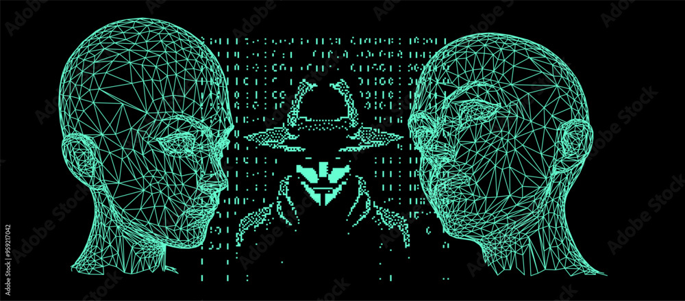 Poster The image is a stylized pixel art portrait of an Anonymous person wearing a mask, often associated with hacking, cybersecurity.