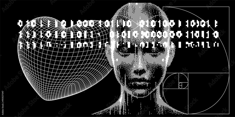 Poster Abstract technological collage with pixel face, golden ratio and binary code. Illustration about IT of the future and face recognition.