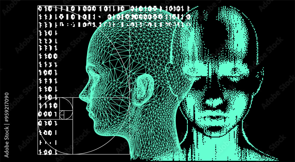 Poster Abstract technological collage with pixel face, golden ratio and binary code. Illustration about IT of the future and face recognition.