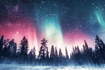 Fototapeta premium Northern lights over snowy forest landscape