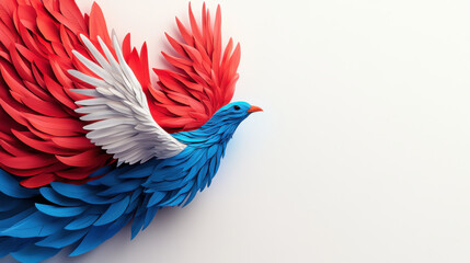 Obraz premium Vibrant paper-crafted bird with red, white, and blue feathers soaring on a white background, symbolizing creativity and freedom.