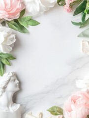 Elegant floral frame with marble background and classical statue