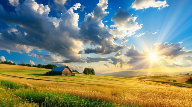 picturesque countryside with a barn and rolling fields under a vibrant summer sky, with fluffy clouds and bright sunlight illuminating the landscape, with copy space for text
