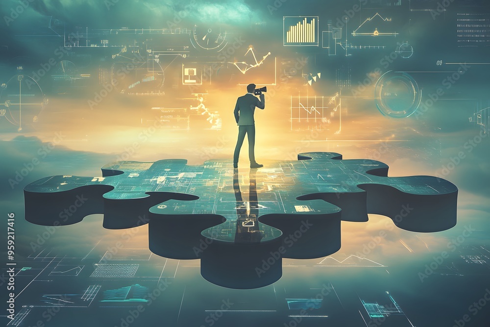 Poster a businessman standing on a puzzle piece with data visualizations in the background