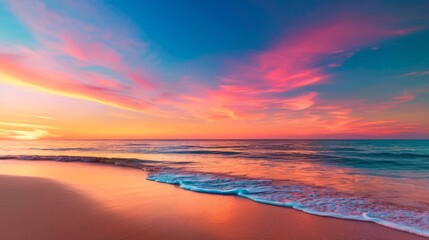 Obraz premium sunset over a calm beach, with the sky glowing in shades of pink and orange, and the ocean reflecting the colors, creating a tranquil and picturesque scene, with copy space for text