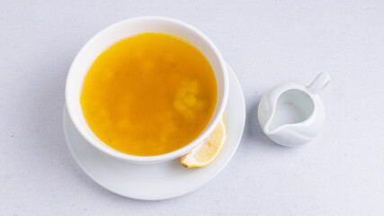 Chicken soup bowl top view isolated