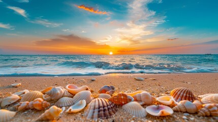a summer sunset on a sandy beach with gentle waves, seashells scattered on the shore, and a colorful sky, capturing the serene and magical end of a summer day, with copy space for text