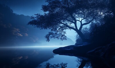 Silhouette of a Tree by a Tranquil Lake Under a Starry Night Sky