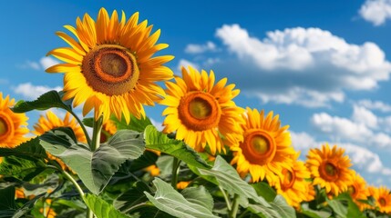 Obraz premium a vibrant summer field of sunflowers with their bright yellow blooms reaching towards the sun, against a backdrop of clear blue skies and fluffy white clouds, evoking a joyful summer feeling, with