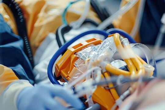 a person laying in a hospital bed with a monitor close-up of a defibrillator being used to restart a patient's heart - Powered by Adobe