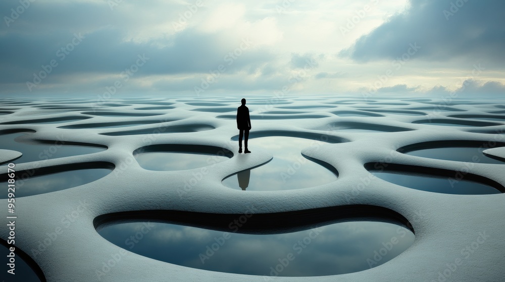 Sticker A man standing in a large puddle of water with wavy patterns, AI