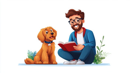 Fototapeta premium A cheerful illustration of a man reading a book to a happy dog, set against a white background with light greenery.