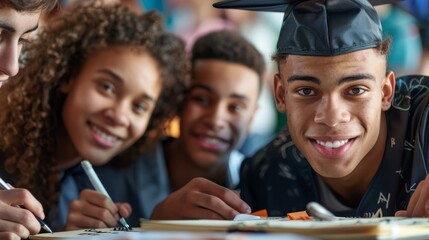 family members writing congratulatory messages in a graduation guestbook, with the graduate looking on proudly, capturing the moment of celebration, with clear copy space for text