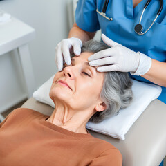 An older woman receives a facial treatment from a healthcare professional in a clinical setting, focusing on skincare.