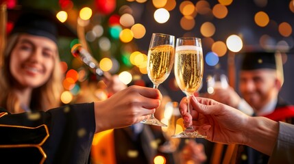 graduates enjoying a celebratory toast with champagne at a formal graduation party, dressed in their best attire and surrounded by festive decorations, with copy space for text