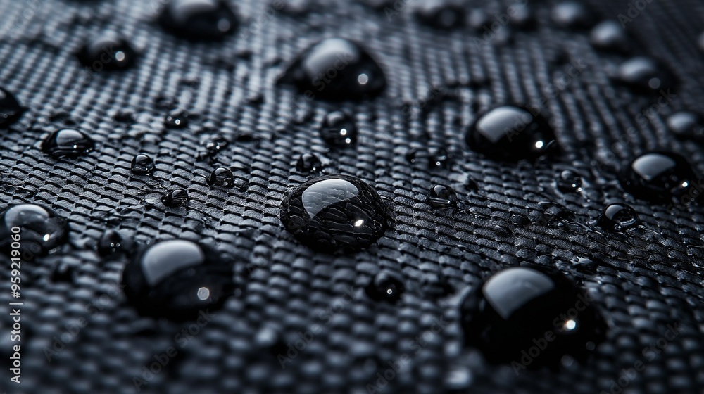 Wall mural image of water droplets resting on a dark, textured surface.