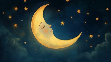Naklejka premium Charming illustration of a crescent moon with a serene face surrounded by glowing stars against a dark blue night sky.