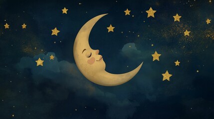 Naklejka premium Charming illustration of a crescent moon with a serene face surrounded by glowing stars against a dark blue night sky.