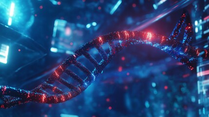 Image of a glowing DNA strand rendered in a futuristic, digital environment.