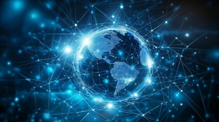 A futuristic digital rendering of the Earth surrounded by glowing network connections.
