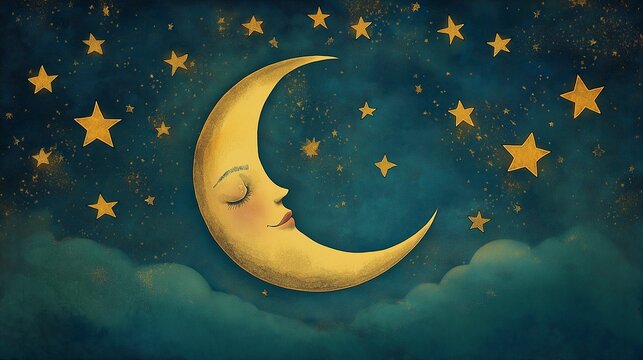 Charming illustration of a crescent moon with a serene face surrounded by glowing stars against a dark blue night sky.