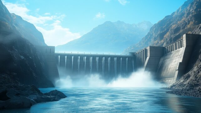 Majestic hydroelectric dam releasing water into a calm river, surrounded by towering mountains and mist under a clear blue sky.