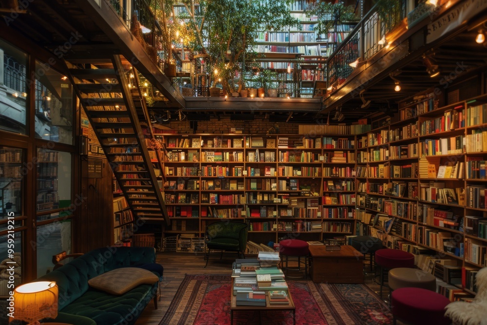 Poster a room with a couch bookshelf and a table cozy bookstore filled with towering shelves of books and c
