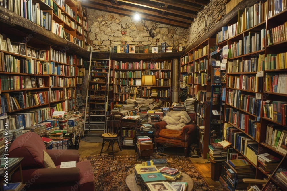 Poster a room with a couch bookshelf and a table cozy bookstore filled with towering shelves of books and c