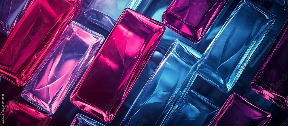 Poster abstract luxurious neon design with glass-textured rectangular bars in shades of ruby and ice blue.