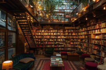 a room with a couch bookshelf and a table cozy bookstore filled with towering shelves of books and comfy reading nooks