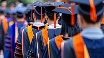 graduates wearing academic regalia, engaging in a traditional graduation march or procession, displaying a sense of pride and accomplishment, with copy space for text