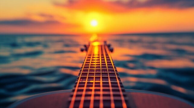 A close-up view of guitar strings, leading into a stunning orange sunset over the ocean.