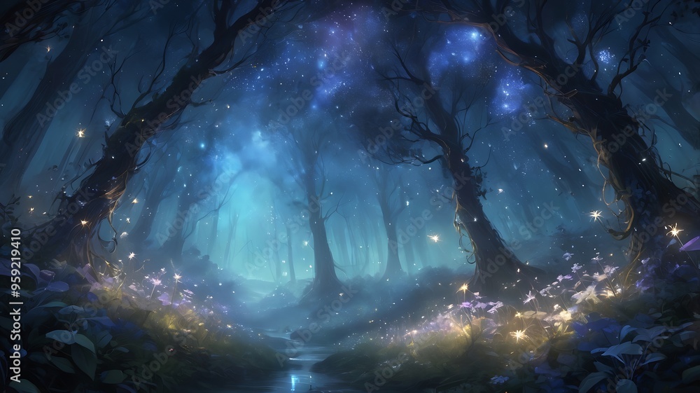 Wall mural Digital artwork background of a fantasy dream forest landscape with dreamy particles in the air, trees and luminous white flowers in a rich blue theme.
