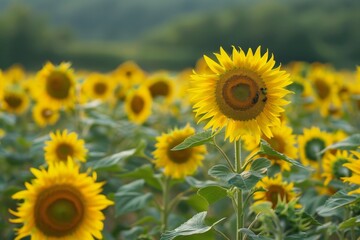 Fototapeta premium a field of sunflowers with a bee on it field of sunflowers swaying in the breeze