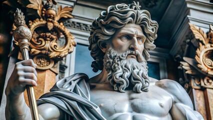 Obraz premium Close up of ancient statue of Zeus god of thunder intricately carved and made from marble