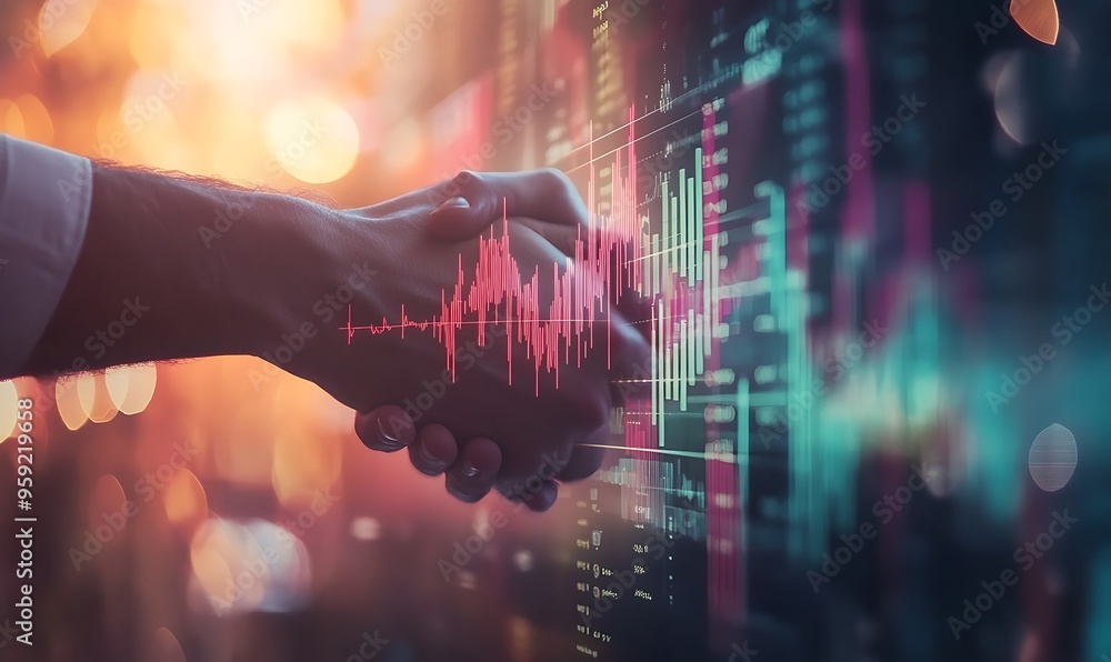 Poster two hands shaking with a red audio waveform overlay against a background of blurred lights and stock