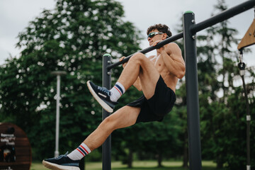 Fit man performing a challenging exercise on parallel bars in an outdoor park setting wearing...