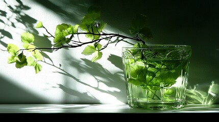   A glass filled with water sits atop a table, beside a leafy tree branch, and in front of a wall's shadow