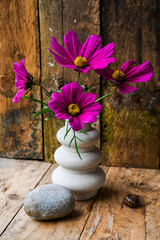 A vase with purple flowers sits on a wooden table beside a rock. The flowers are arranged in a way that they are all facing the same direction, creating a sense of harmony and balance