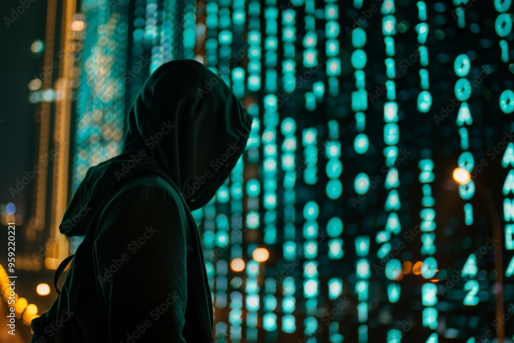 Poster a person in a hoodie sitting at a laptop hacker with a complex moral code that guides their actions