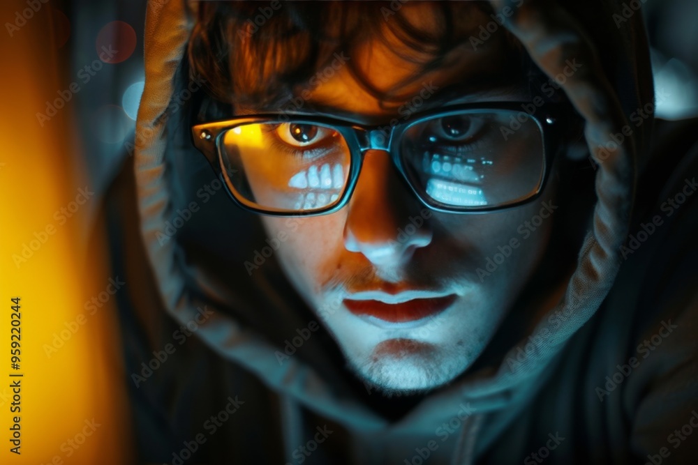 Poster a person in a hoodie sitting at a laptop hacker with a complex moral code that guides their actions