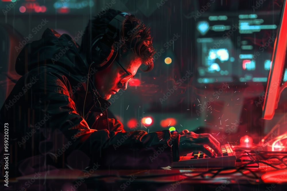 Leinwandbilder a person in a hoodie sitting at a desk with a laptop hacker with an unwavering commitment to their c