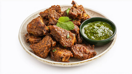 Mutton tikka served with green chutney 