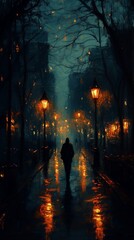A solitary figure walks through a dimly lit park on a rainy evening, with glowing street lamps illuminating the cobblestone path