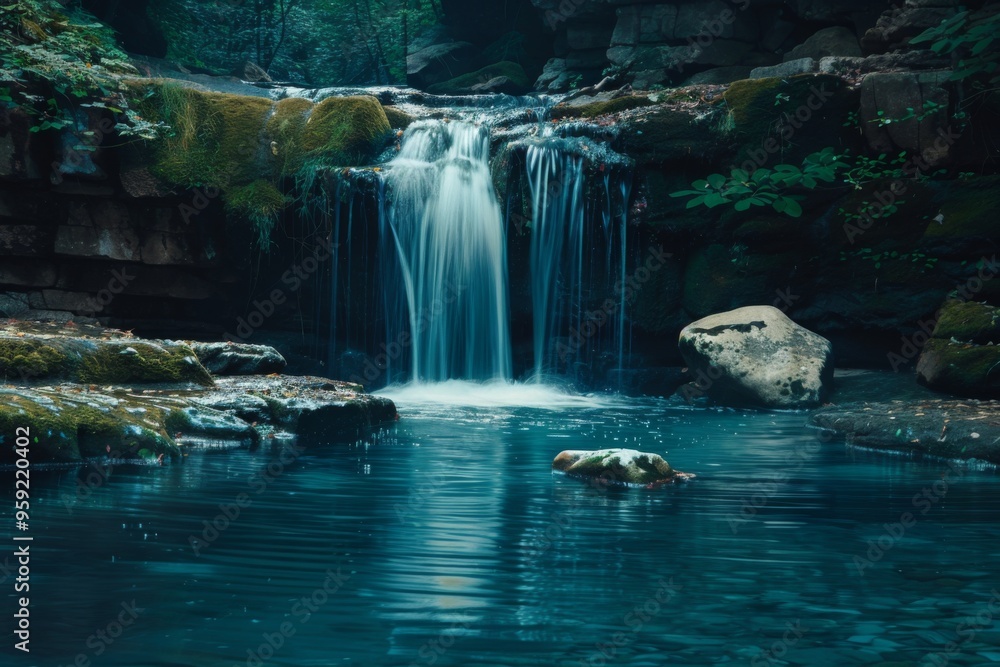 Poster a waterfall in a tropical garden with rocks and plants hidden waterfall cascading into a tranquil po
