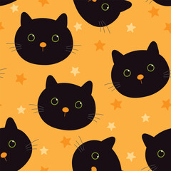 Seamless pattern with cute black cat and stars. Vector illustration on orange background. It can be used for wallpapers, wrappers, cards, patterns for clothes and others. 