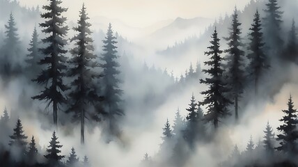 Landscape abstract illustration of foggy forest in the mountains, paint style background