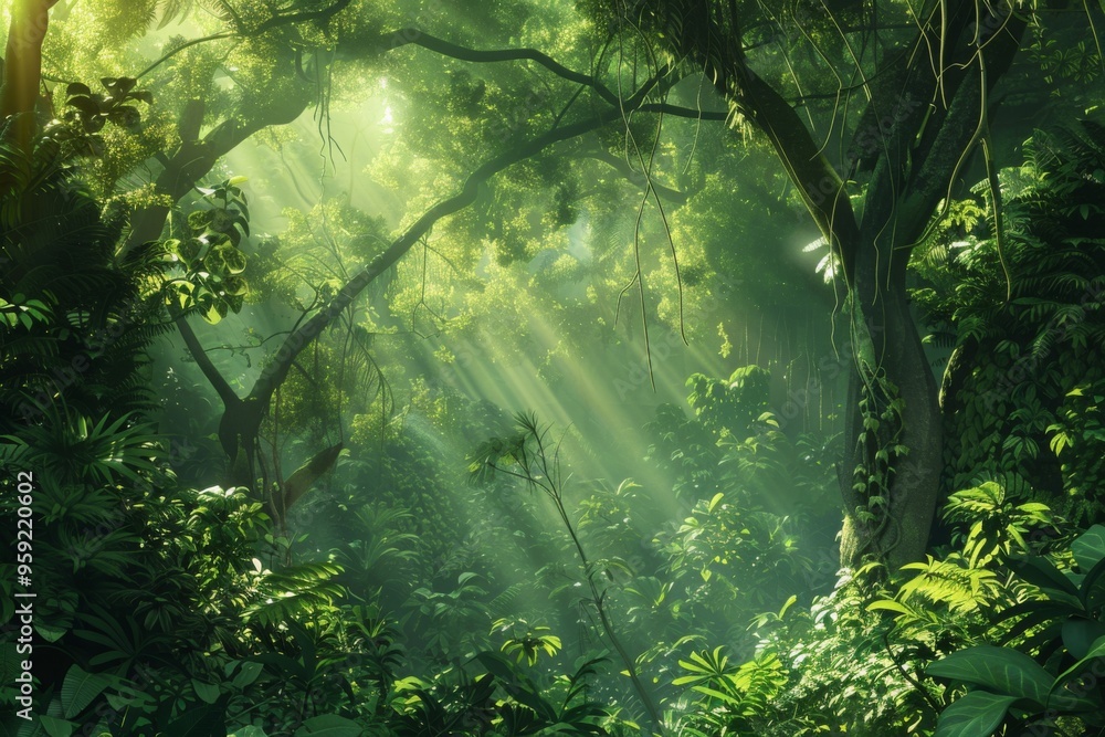 Aufkleber a forest with sunbeams shining through the trees lush forest with sunlight filtering through the trees